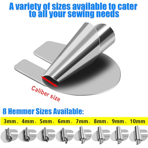 Image of TOOVREN Sewing Rolled Hemmer Foot 8PCS Rolled Hem Presser Foot 3 /4 /5 /6 /7 /8 /9 /10mm 8 Sizes Wide Rolling Hem Foot Sewing Machine Presser Feet Hemmer Home Industrial Curved Scroll Hemming Feet