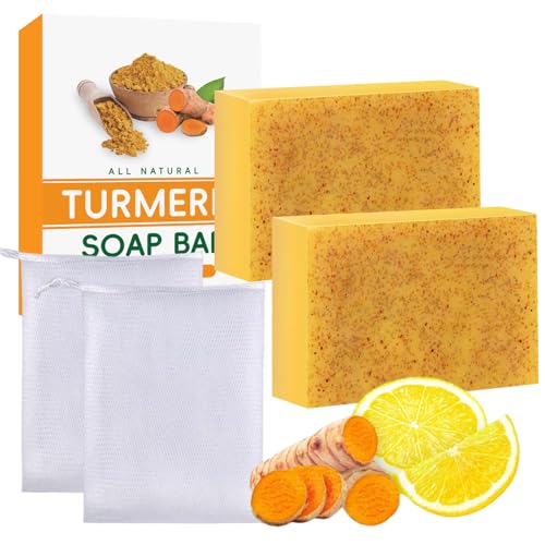 Turmeric Soap, Kojisäure-Seife, Kurkuma Seifenstück, Vitamin C Seifenstück für Gesicht und Körper, Entfernen Dunkler Flecken, Porenverkleinerung, Tiefenreinigung, Feuchtigkeitsspendend (2×100g)