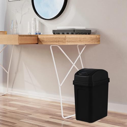 Image of 7 L Plastic Swing Lid Garbage Bin, Small Trash Can for Bathroom /Living Room /Bedroom, Black