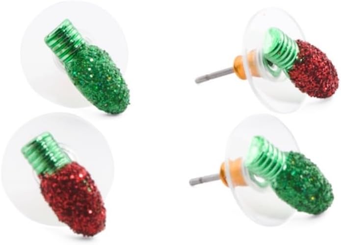 Betsey Johnson Holiday Christmas Light Bulb Stud Earrings Set, Red and Green Glitter, 2 Pairs with Post Back Closure