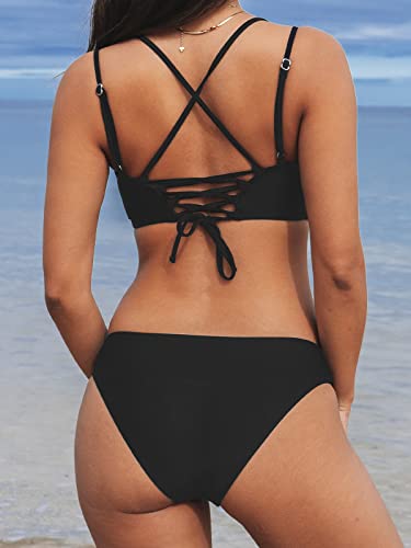 Cupshe Bikini Set For Women Two Piece Swimsuits Low Rise Lace Up V Neck Cheeky Bottom, L Black #TOP4