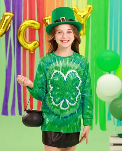 Image of Unisex Kids St. Patrick's Tie Dye Irish Clover Long Sleeve Shirt Shamrock Green Sweatshirt 6-14 Years