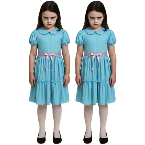 Disfraz de gemelas embrujadas para niñas, pequeño y grande, 2 vestidos azules con mangas hinchadas y cintura de cinta rosa, par de disfraces de Halloween para películas de televisión