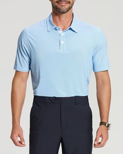 Image of Golf Shirts for Men - Dry Fit Moisture Wicking Short Sleeve Performance Sport Casual Striped Collared Mens Polo Shirt