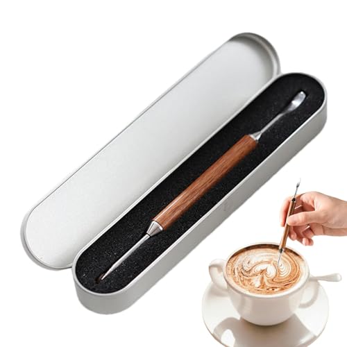 Latte Art Stift, Latte Stift - Espresso Art Pen Tool mit zwei Enden - Edelstahl-Kaffee-Schablonen, Stift, Cappuccino-Spachtel, Nadel mit Holzgriff für Zuhause, Café