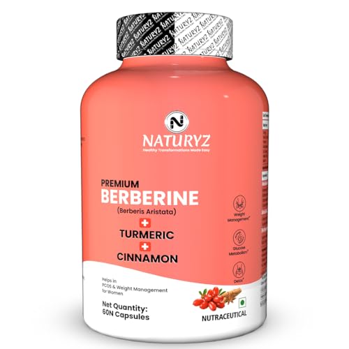Image of NATURYZ Premium Berberine + Cinnamon + Turmeric Weight Loss Supplement for Women | Supports in Management of PCOS & Hormonal Balance | Regulates Blood Sugar & Cravings | Plant Based - No Chemicals | Bio Absorption Blend for faster Absorption | Vegetarian- 60 Capsules