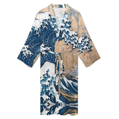 The Great Wave of Kanagawa Art Men's Bathrobes Soft Long Robe Lightweight Nightgown Sleepwear Loungewear2