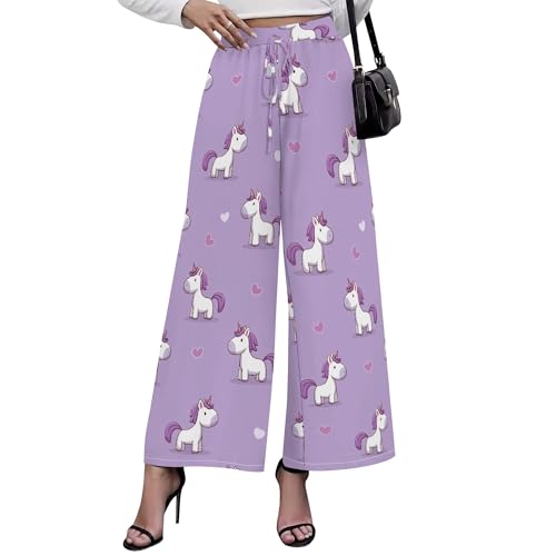 Women's Summer Casual High Waist Palazzo Pants Adjustable Drawstring Floral Print Wide Leg Pants Beach Trousers