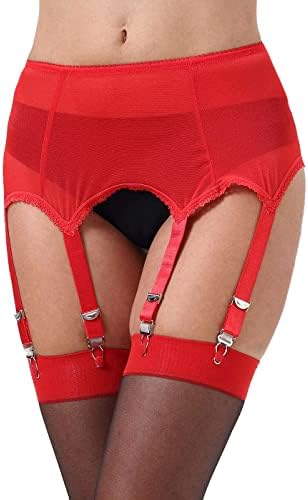E-Laurels Sexy Women's Mesh Suspender/Garter Belt with Six Straps Metal Clip for Thigh High Stockings (Red, Medium)