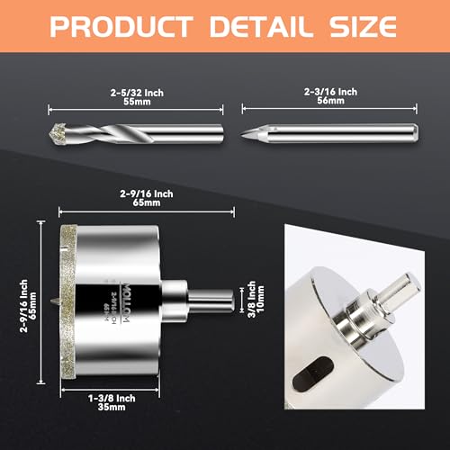 Image of MOLLOM 2-9 /16 inch (65mm) Diamond Hole Saw with 2 Pilot Drill Bit