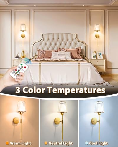 Image of Adetu 23 Inch Crystal Battery Operated Wall Sconce Set of 2 | Gold Rechargeable Wall Sconce with 10000mAh Magnetic Bulbs, RGB Dimmable Wireless Battery Wall Lights for Bedroom Living Room