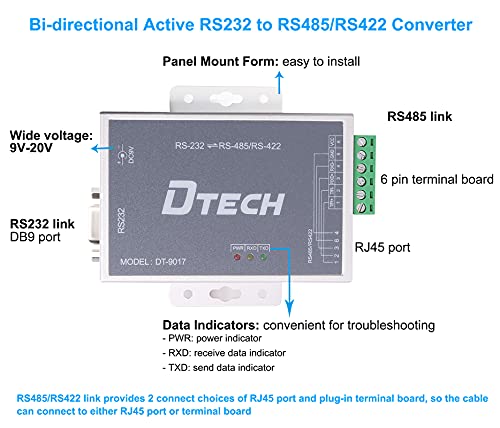 Image of DTECH Bi-Directional Active RS232 to RS485 RS422 Serial Converter with Surge Protection 600W 15KV ESD DB9 to RJ45 Phoenix Contacts Adapter Power Supply TX RX LEDs for Long Haul Data Communication