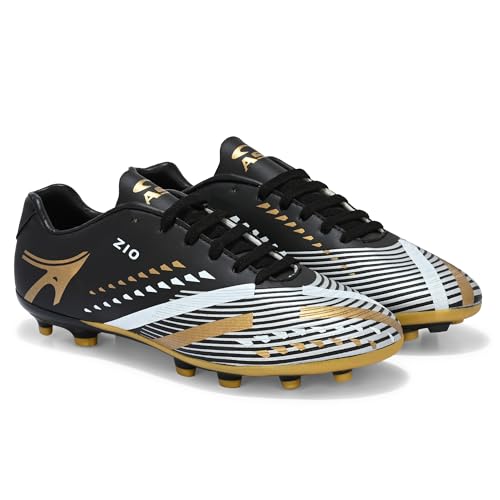 Image of PRO ASE SPORT Football Shoes with Rubber Studs - Ideal for Hard & Artificial Turf Surfaces | Orange, Black, Golden.