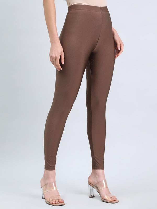 Image of GO COLORS Soft Nylon Stretch Shimmer Ankle Length Leggings for Women | Smooth & Shiny, Mid Rise