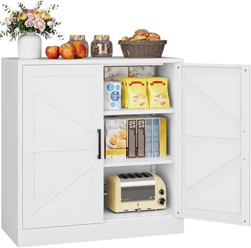 White Storage Cabinet with Doors and Adjustable Shelves,36' Farmhouse Food Pantry Cabinets,Small...