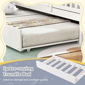 Giantex Twin House Bed with Trundle, Kids Bed Frame with 82" Tall Roof, Windows and Guardrail, Wooden Playhouse Bed for Teens Boys Girls Bedroom, No Box Spring Needed, Free to Decorate, White Giantex Twin House Bed with Trundle Kids Bed Frame with 82 Tall Roof Windows and Guardrail Wooden Playhouse Bed for Teens Boys Girls Bedroom No Box Spring Needed Free to Decorate White