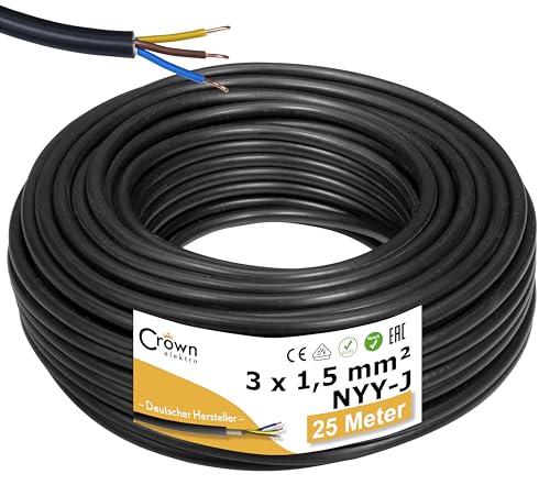 NYY-J 3x1,5mm² 25m Erdkabel Länge am Stück | Elektrokabel Ring für Verlegung im Erdreich & Außenbereich | Kupfer Eindrähtig DIN VDE 0276 Teil 603/627 | Deutsche Markenhersteller