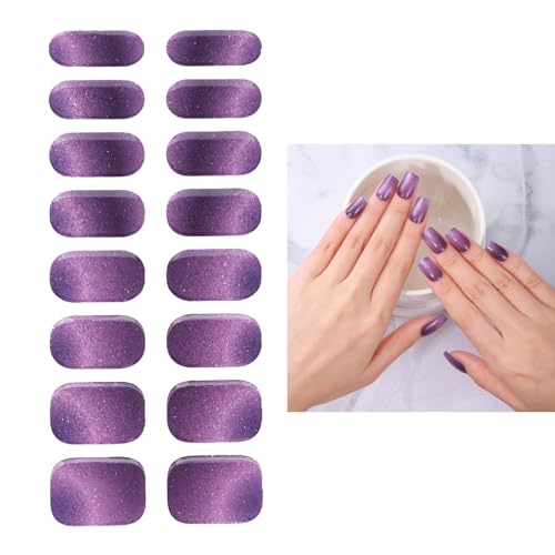 Purple Galaxy Semi Gels Nail Strips Stickers, Cured Gel Nails Wraps with Lamp Starter Kit, Upgraded 16 Pieces Glossy Soft Self-Adhesive Salon-Quality Uv/LED Lamp Required