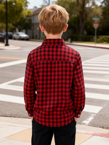 Image of Size 5-10 Years Boys' Long Sleeve Buffalo Plaid Button-Down Shirt Fall Thin Outfits Kids Clothes