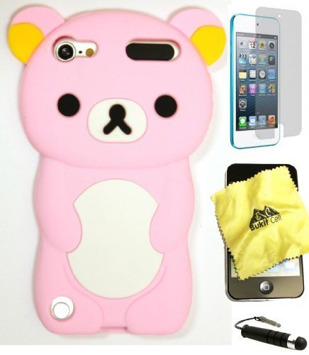 Bukit Cell 3D Baby Pink Bear Silicone Case for iPod Touch 6th / 5th + Cleaning Cloth + Screen Protector + Metallic Stylus Touch Pen