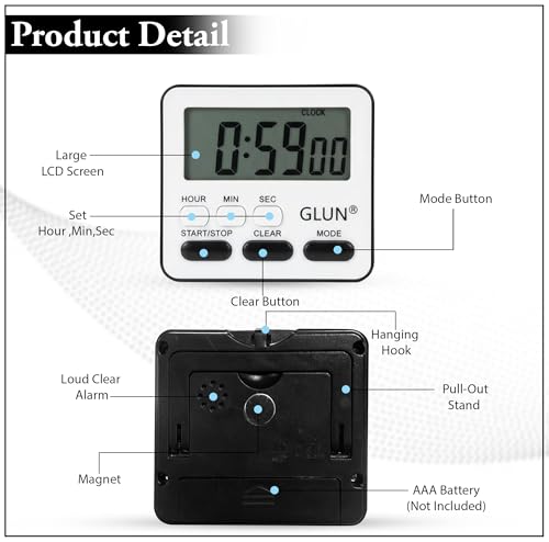 Image of GLUN Digital Kitchen Timer with Clear Loud Alarm for Cooking, Stop Watches Timer Clock with Alarm & Magnetic Back, LCD Backlit Display, Classroom for Kids & Teachers Black Back