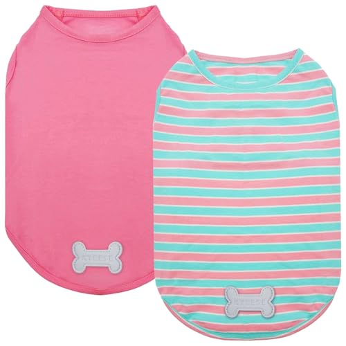 KYEESE 2Pack Dog Shirts Small Tee Soft for Small Dogs Striped T Shirt Lightweight Sleeveless Vest Cotton Tank Top Clothes, Large,Pink+Striped