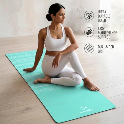 Image of Wiselife Printed Exercise Yoga Mat with Carry Strap, Anti-Slip Fitness Mat for Yoga, Pilates, Stretching & Home Workout (Cyan Wave)