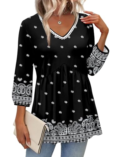 Image of OFEEFAN 3 /4 Length Sleeve Womens Tops 2026 Blouses for Women Dressy Casual Fashion Clothing V Neck Babydoll Tops Fall Outfits
