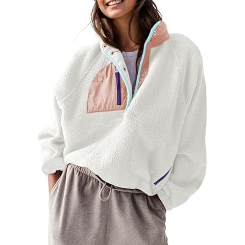 AMEBELLE Women’s Lightweight Fleece Pullover Jacket Cropped Fall Winter Fuzzy Sherpa Jacket Sweatshirt Coat with Pockets(2616-White-L) Cover