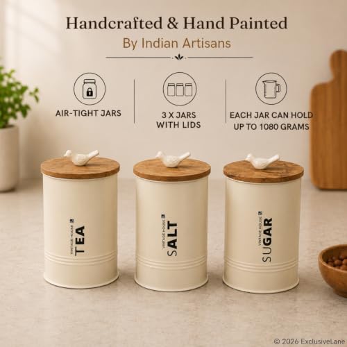 Image of ExclusiveLane 'White Doves' Airtight Metal Jars for Kitchen Storage with Wooden Lid (Iron, Set Of 3, 1080 ml) | Tea Sugar Salt Container Multi-Utility Snacks Jars & Containers Salt Jar for Kitchen