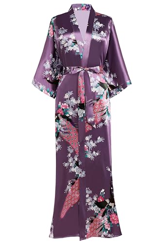 Image of BABEYOND Women's Kimono Robe Long Satin Robes with Peacock and Blossoms Printed Kimono Nightgown