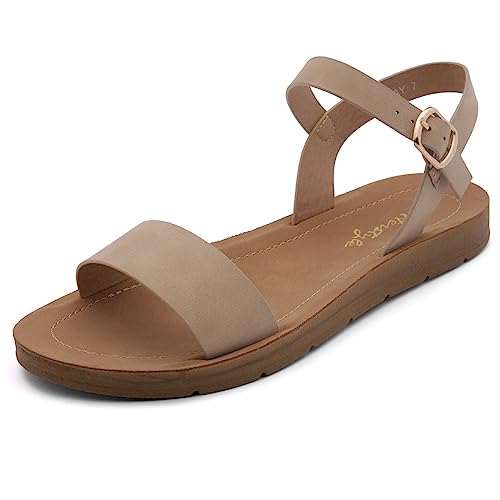Image of Herstyle Flat Sandals for Women - Open Toe 1 Band Ankle Strap Summer Dressy Sandals, Lightweight Casual Strappy Slip-On Flats with Adjustable Buckle