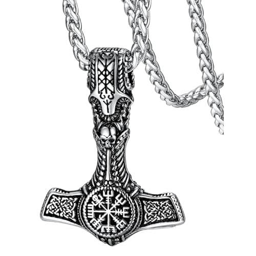 FaithHeart Viking Thor's Hammer Talisman Necklace for Men, Vintage Norse Mjolnir Amulet Pendant with Sturdy Wheat Chain, Stainless Steel Jewelry (Gift Box) 02. Thor Hammer Compass-Silver no