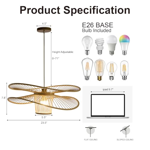 Image of Bamboo Pendant Light, Boho Light Fixture with Adjustable Height