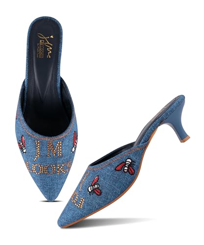 Image of JM LOOKS Pointed Toe Kitten Heel Mules Featuring Exquisite Bee Embroidery and Shimmering Textured Fabric Finish