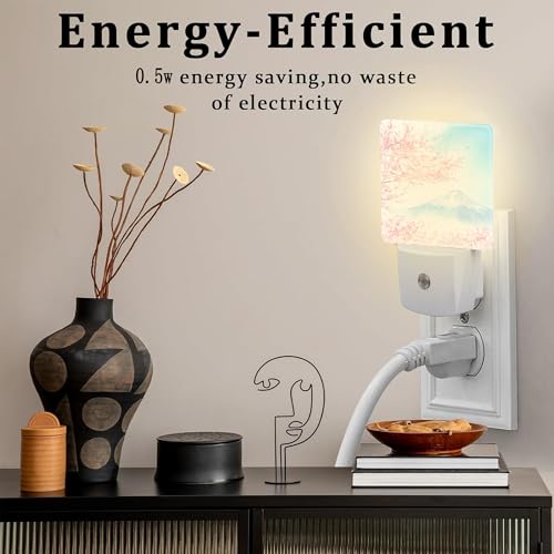 Image of Cherry Blossoms with Mountain Fuji Night Light Plug into Wall, Watercolor Pink Flowers Dusk to Dawn Night Light,0.5w Energy Saving Sleep Friendly Nightlights for Kids Boys Girls Home