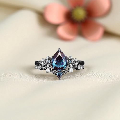 Black Gold Pear Cut Alexandrite Engagement Ring Set, Witchy Rhodium Black Promise Gifts, Gothic Black Wedding Personalized Ring Bridal Set2