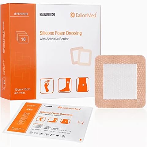 EalionMed Silicone Foam Dressing with Gentle Adhesive Border 4''x4'', 10 Pack, Painless Removal High Absorbency Bed Sore Wound Bandage for Pressure Sore, Leg Ulcer, Diabetic Ulcer Cover