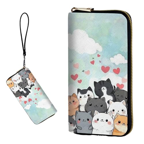 Women's RFID Blocking Wallet PU Leather Slim Bifold Wristlet Clutch with Large Capacity,16 Card Slots & Zipper Coin Purse Pocket Ladies Travel Purse Wristlet,Cute Cartoon Cats And Dogs