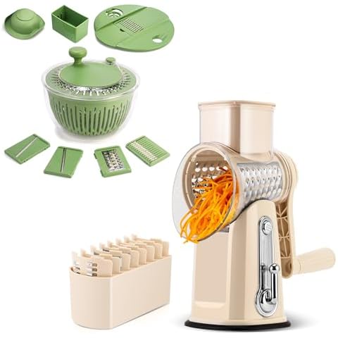 SUSTEAS Rotary Cheese Grater with Handle (Beige) and SUSTEAS Salad Spinner Large Cover