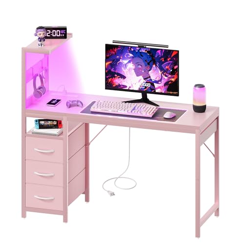 Image of YOUDENOVA 40 Inch Gaming Computer Desk with Led Lights, Small Desk with Storage Shelves and Drawers, Reversible Compact Gamer Table for Home Office, Carbon Fiber Pink