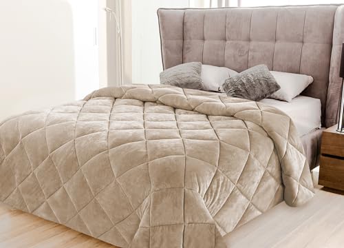 IlGruppone Trapunta Elegante Matrimoniale In Velluto Piumone Invernale Effetto Piuma 600 Gr/Mq Piumino Caldo Due Piazze Inverno Coperta Duck Friendly Prodotto Italiano - Beige