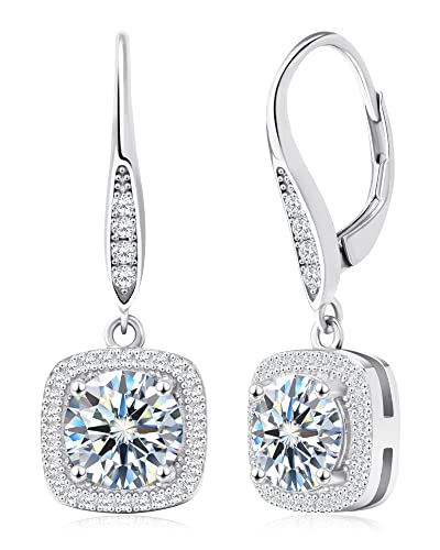 Wowshow Moissanite Earrings, Leverback Earrings For Women 925 Sterling Silver 3Ct Moissanite Diamond Dangle Drop Earrings Cushion Halo White Gold Plated For Girls Birthday Wedding Mothers Day Gifts #TOP13