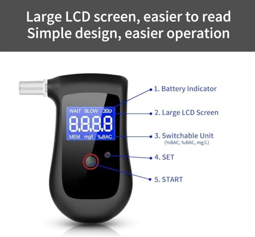 Image of Rechargeable Alcohol Breath Checker Detector - Portable Breathalyzer with LCD Display with Memory Function, 6 Replaceable Mouthpieces for Personal, Professional & Police Use