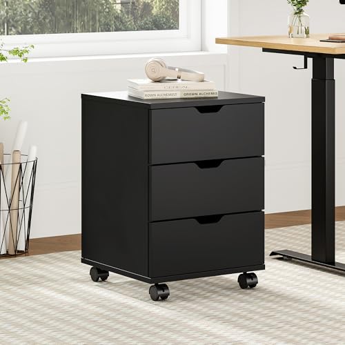Image of Farini 3-Drawer Under Desk Wooden File Storage Cabinet with Lockable Caster for Home Office,Black,Required Assembly