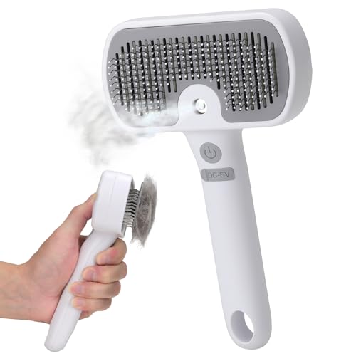 Pet Steam Brush 3-in-1 Cat and Dog Grooming Brush for Shedding Pet Hair Cleaning Massage Self Cleaning Spray Comb for Long and Short Hair (White)