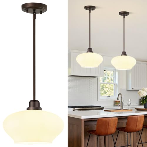 Modern Pendant Lights Kitchen Island, Oil Rubbed Bronze Pendant Light Fixtures with 11" Milk Glass Shade, Industrial Hanging Pendant Lights Fixture for Kitchen Island Dining Room Bedroom Hallway Foyer