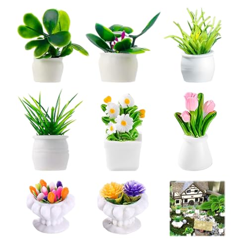 LYITZW 8 Pz Mini Macetas, Plantas Artificiales, Bonsái en Miniatura, Decoración de Jardín, Casa de Muñecas, Mini Macetas para Casa de Muñecas, Plantas en Macetas, Adornos de Jardín en Miniatura