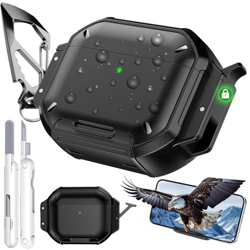 Zuianrll for AirPods Pro 3 Case with Lock & Carabiner, [IP68 Waterproof] [Military-Grade Protection] Full Body Shockproof Case with Phone Stand for AirPods Pro 3rd Gen with Cleaning kit (Black)