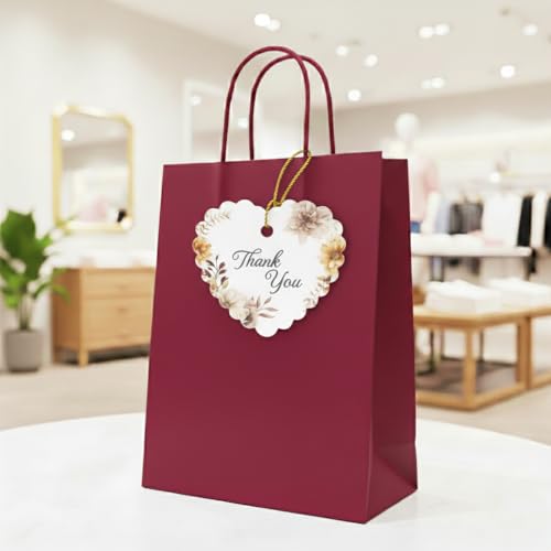 Image of CVANU Heart Shaped Thank You Tags 100-Pcs with Golden String, Floral Design Gift Tags for Wedding Favors| Birthday Party| Small Business Packaging (2.16x2.36 inch) D6